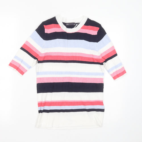 Marks and Spencer Womens Multicoloured Round Neck Striped Viscose Pullover Jumper Size 16