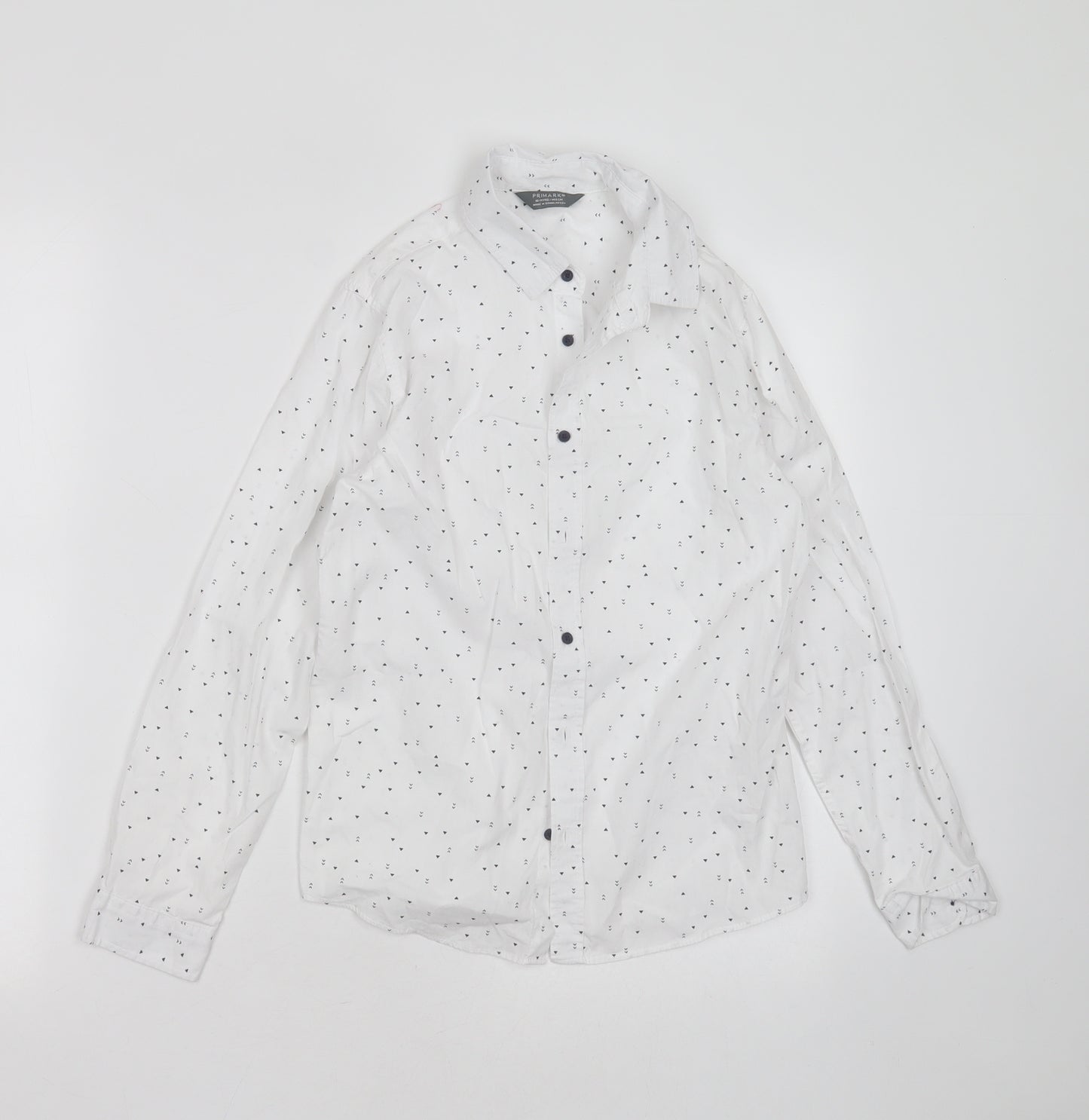 Primark Boys White Geometric Cotton Basic Button-Up Size 10-11 Years Collared Button