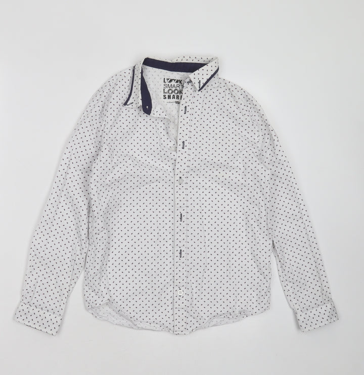 F&F Boys White Geometric Cotton Basic Button-Up Size 10-11 Years Collared Button