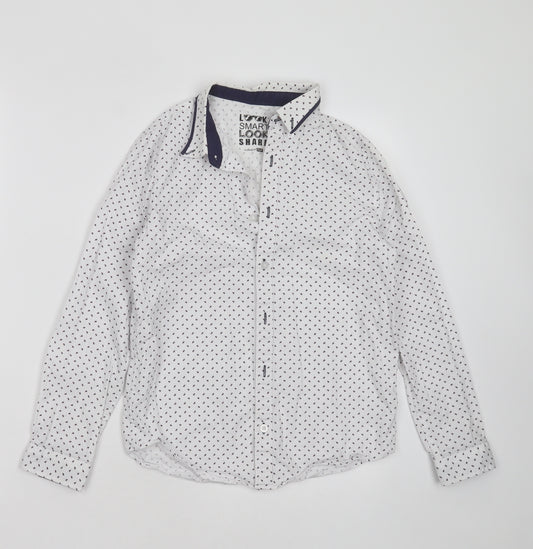 Front view of F&F boys’ white geometric cotton basic button-up, size 10-11, years collared button