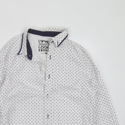 F&F Boys White Geometric Cotton Basic Button-Up Size 10-11 Years Collared Button