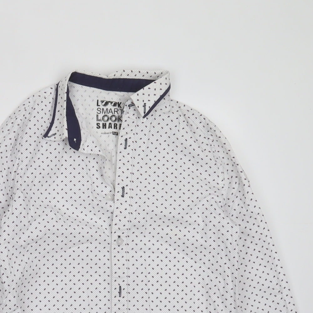 F&F Boys White Geometric Cotton Basic Button-Up Size 10-11 Years Collared Button