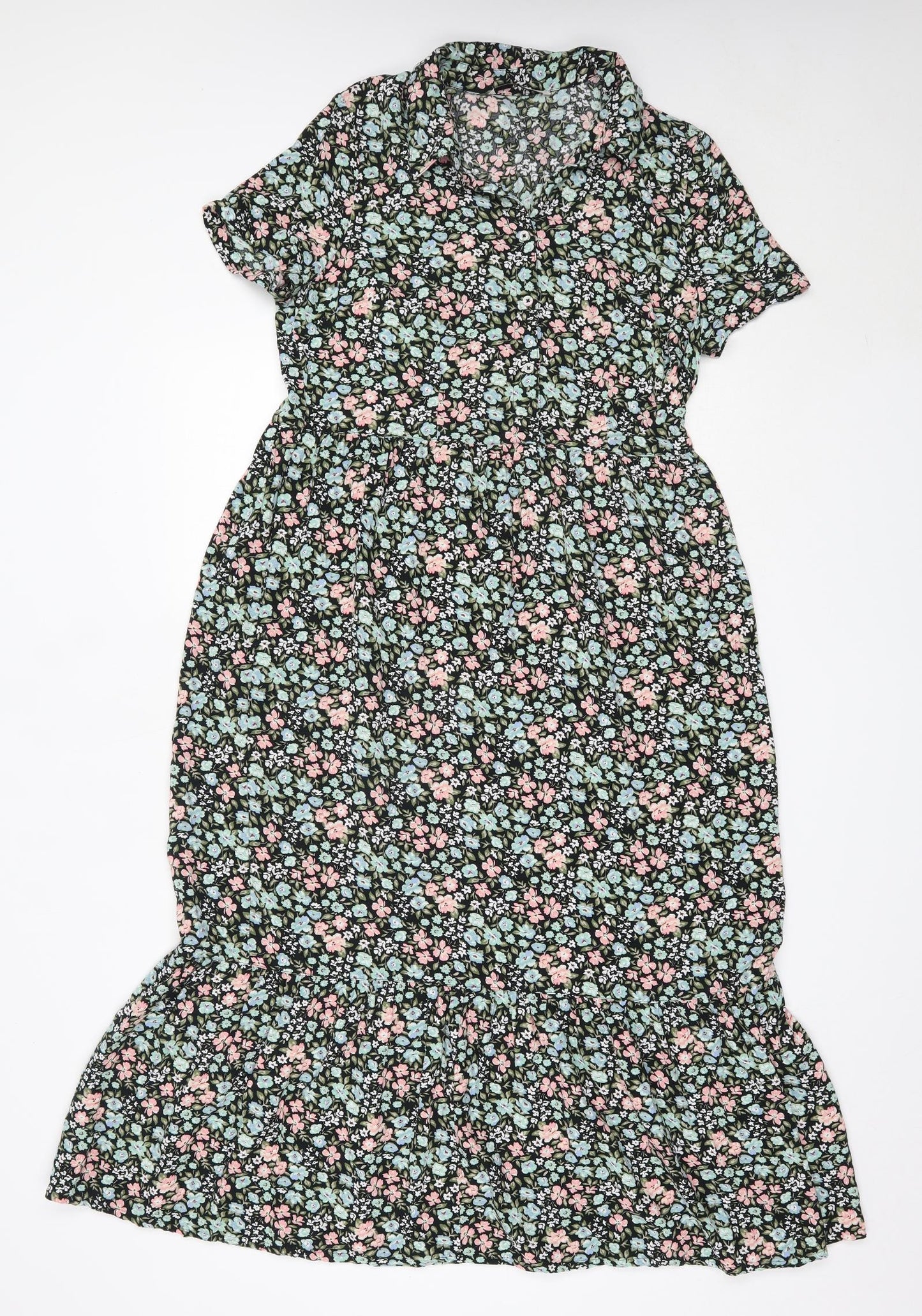 TU Womens Black Floral Viscose Fit & Flare  Size 8  Collared