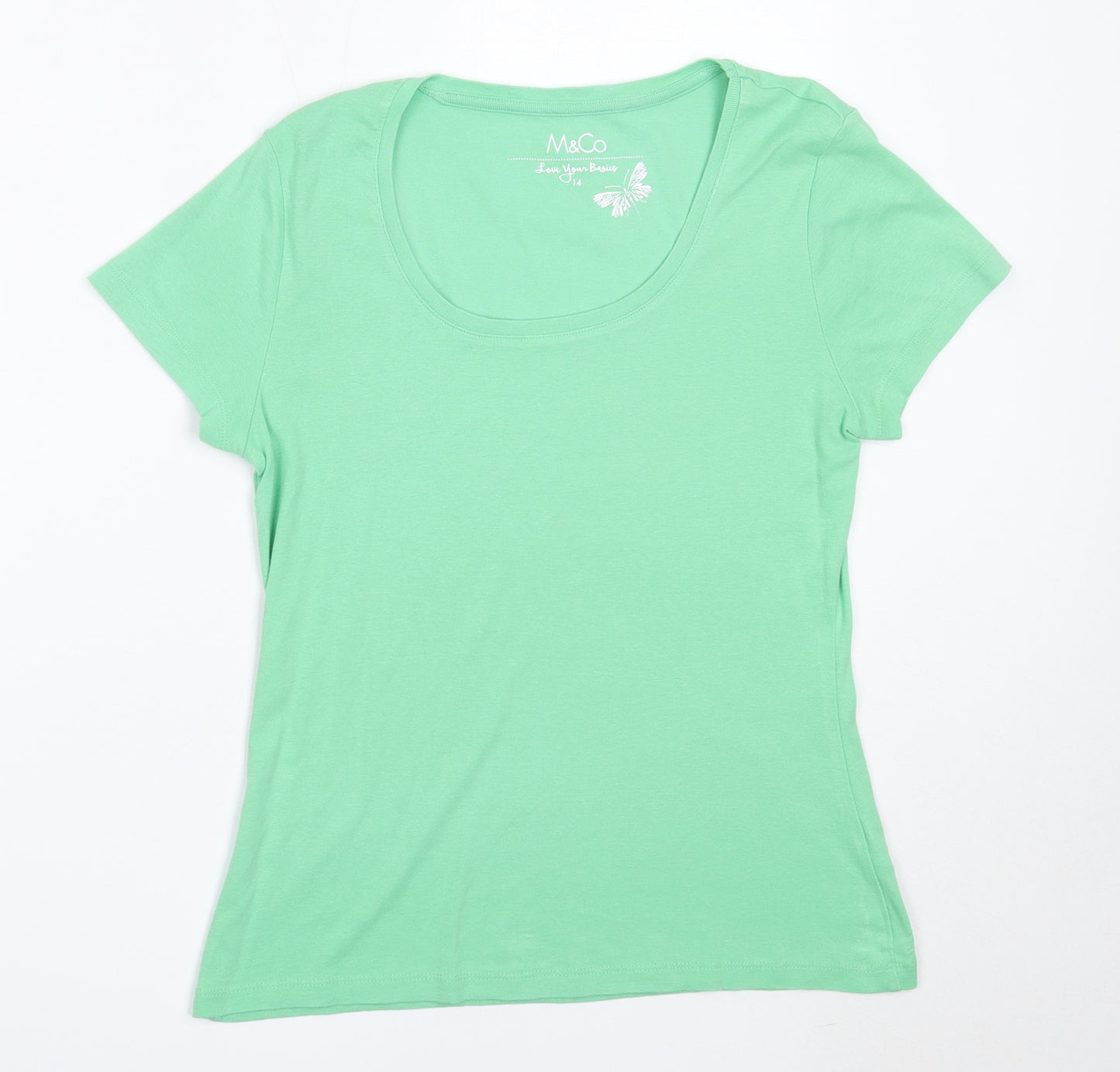 M&Co Womens Green  Cotton Basic T-Shirt Size 14 Round Neck