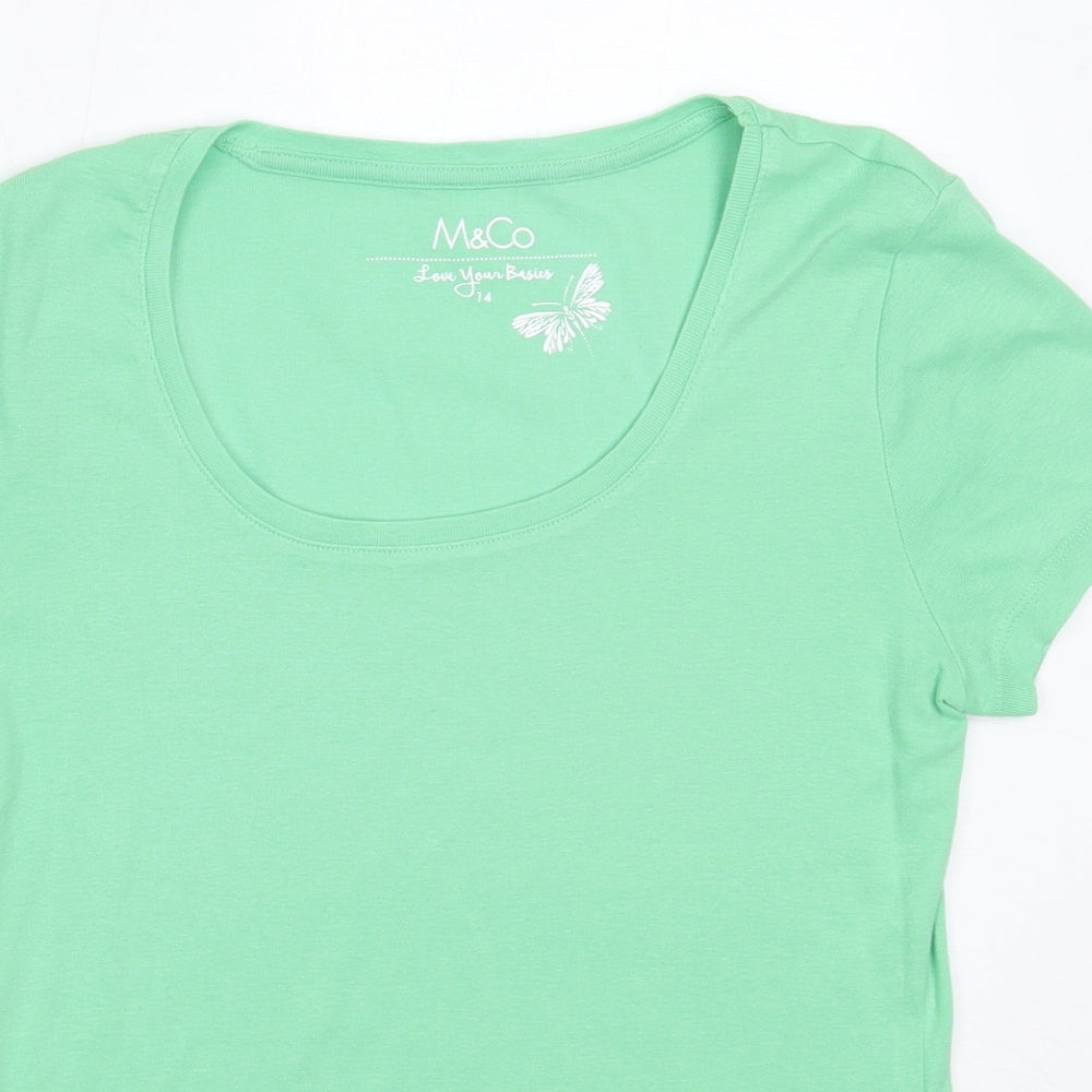 M&Co Womens Green  Cotton Basic T-Shirt Size 14 Round Neck