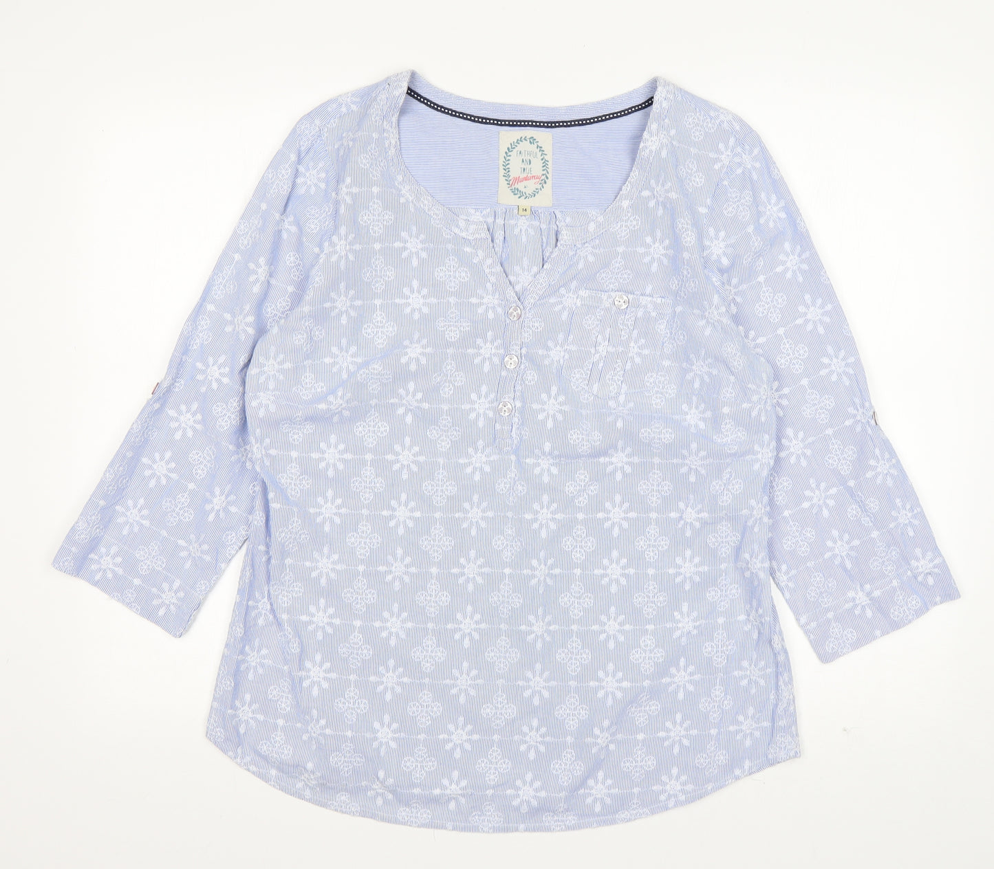 Mantaray Womens Blue Floral Cotton Basic T-Shirt Size 14 V-Neck