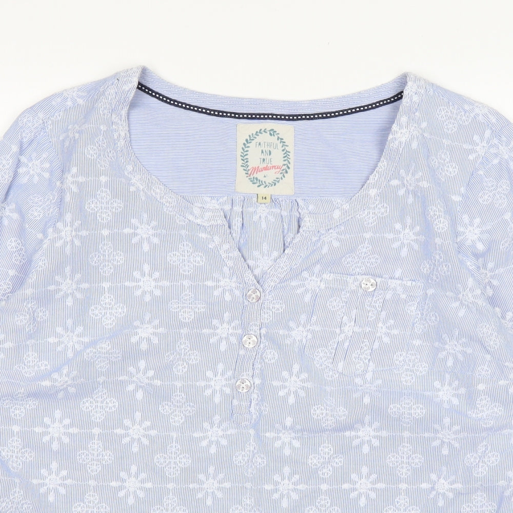 Mantaray Womens Blue Floral Cotton Basic T-Shirt Size 14 V-Neck
