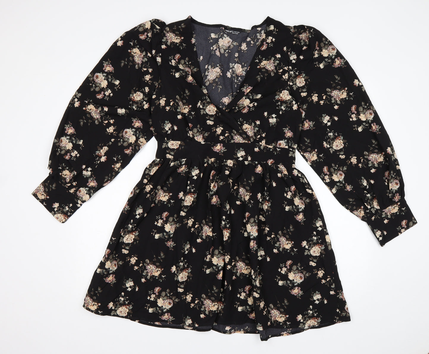 Shein  Womens Black Floral Polyester Fit & Flare  Size L  V-Neck
