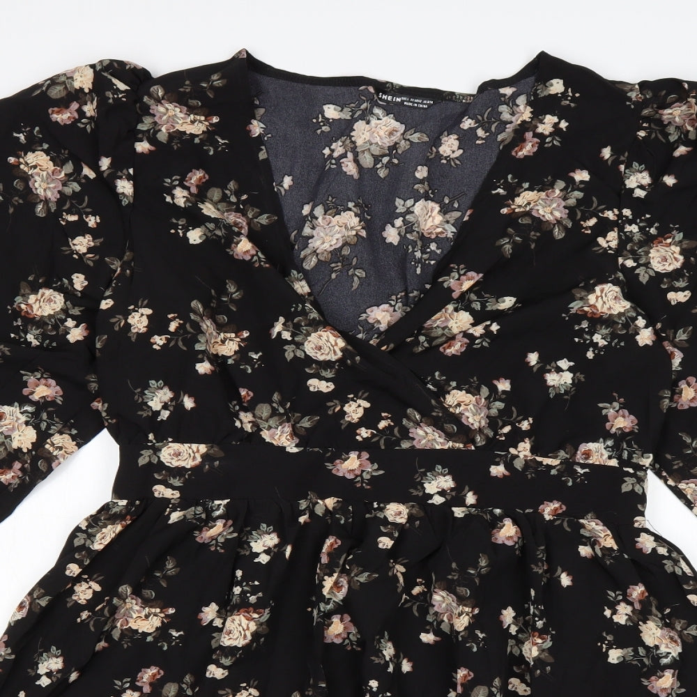 Shein  Womens Black Floral Polyester Fit & Flare  Size L  V-Neck