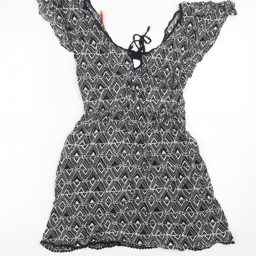 Stradivarius Womens Black Geometric Viscose Fit & Flare  Size M  Scoop Neck  - Beach Cover Up