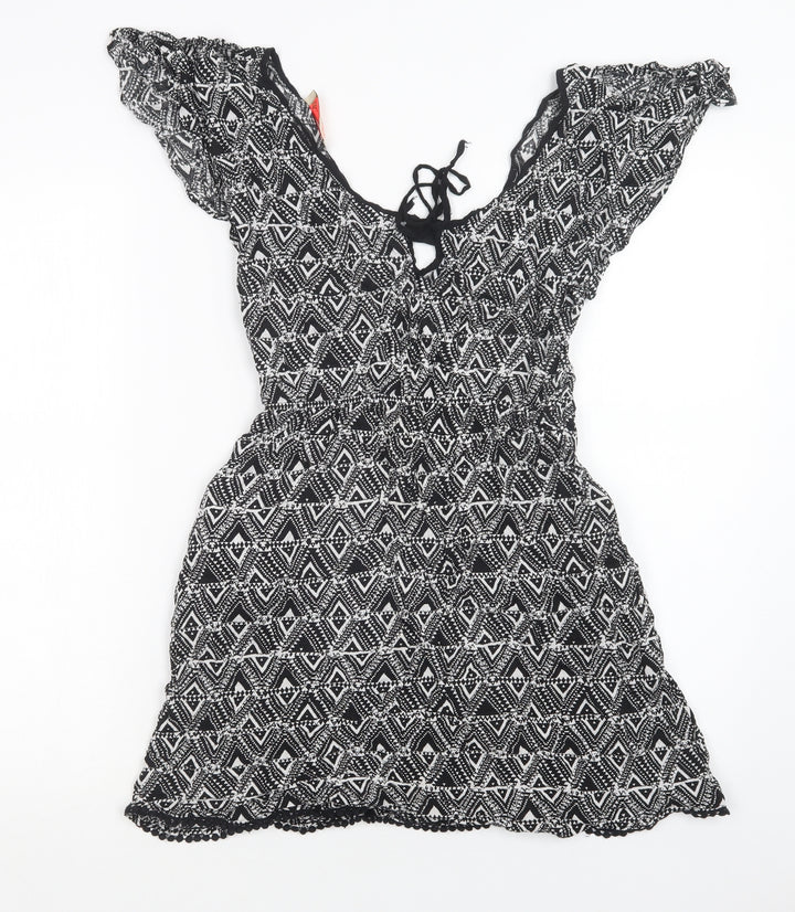 Stradivarius Womens Black Geometric Viscose Fit & Flare  Size M  Scoop Neck  - Beach Cover Up