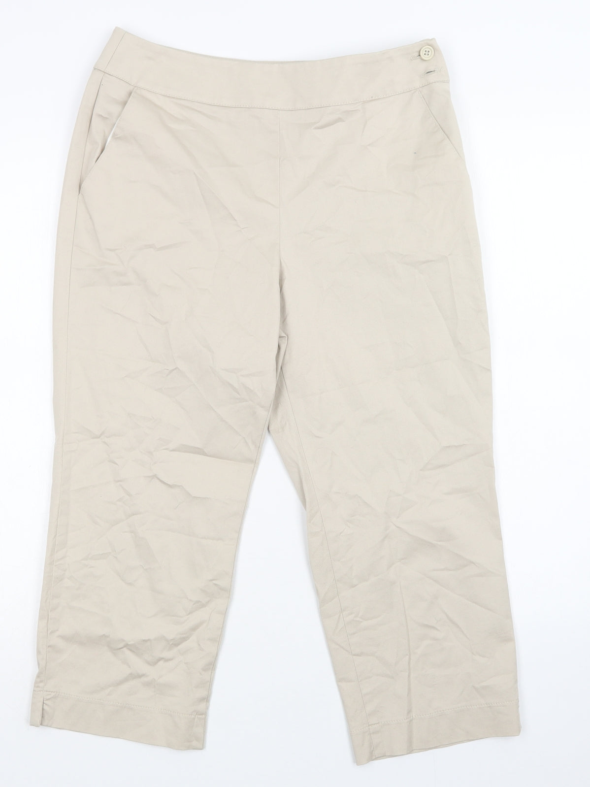 M&S Womens Beige  Cotton Cropped Trousers Size 12 L21 in Regular Button