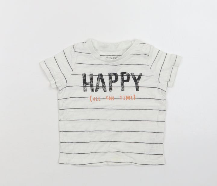 F&F Baby White Striped Cotton Basic Polo Size 6-9 Months Crew Neck Snap - Happy