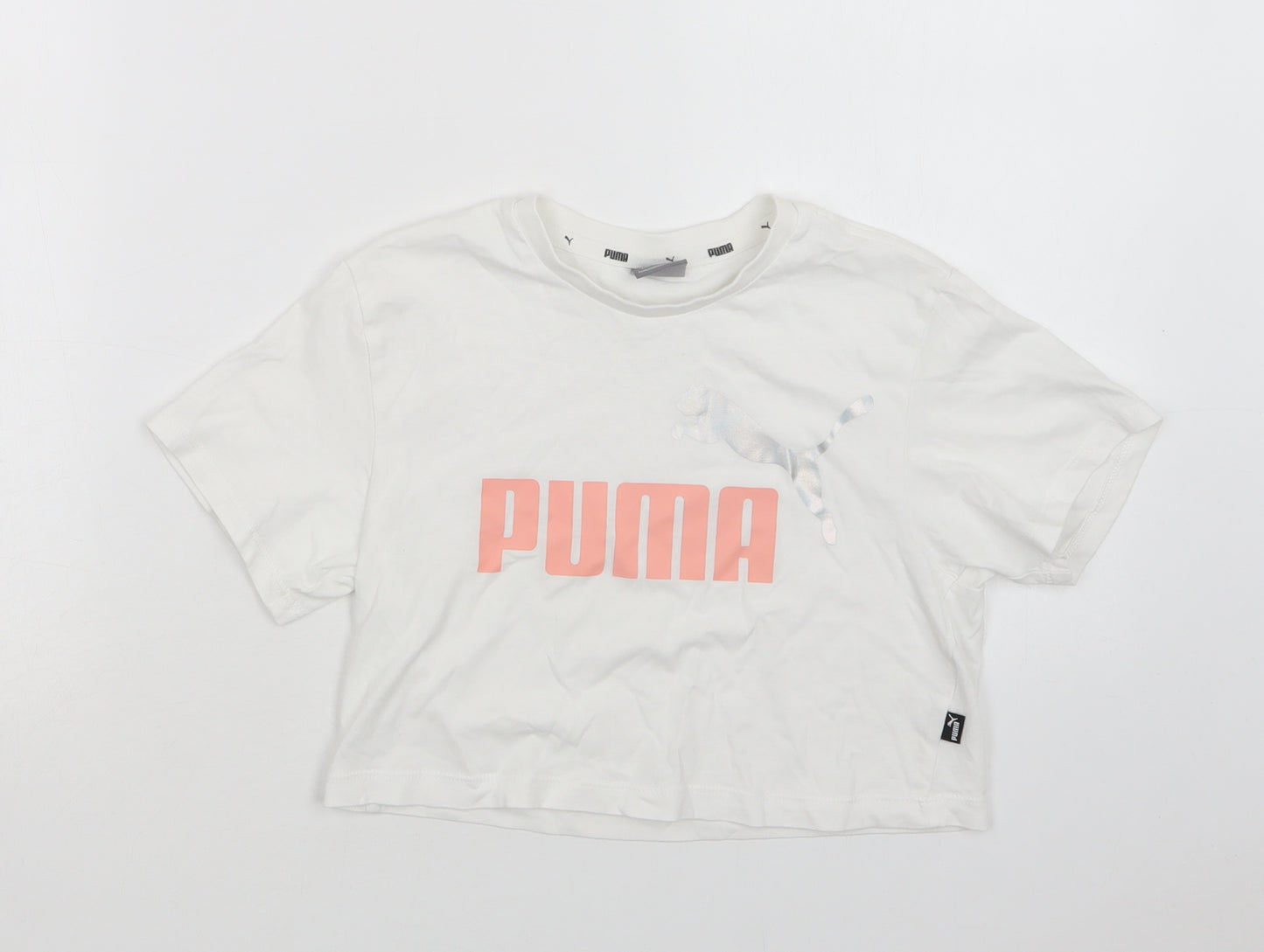 PUMA Girls White  Cotton Basic T-Shirt Size 5-6 Years Crew Neck