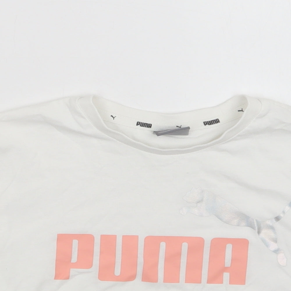 PUMA Girls White  Cotton Basic T-Shirt Size 5-6 Years Crew Neck