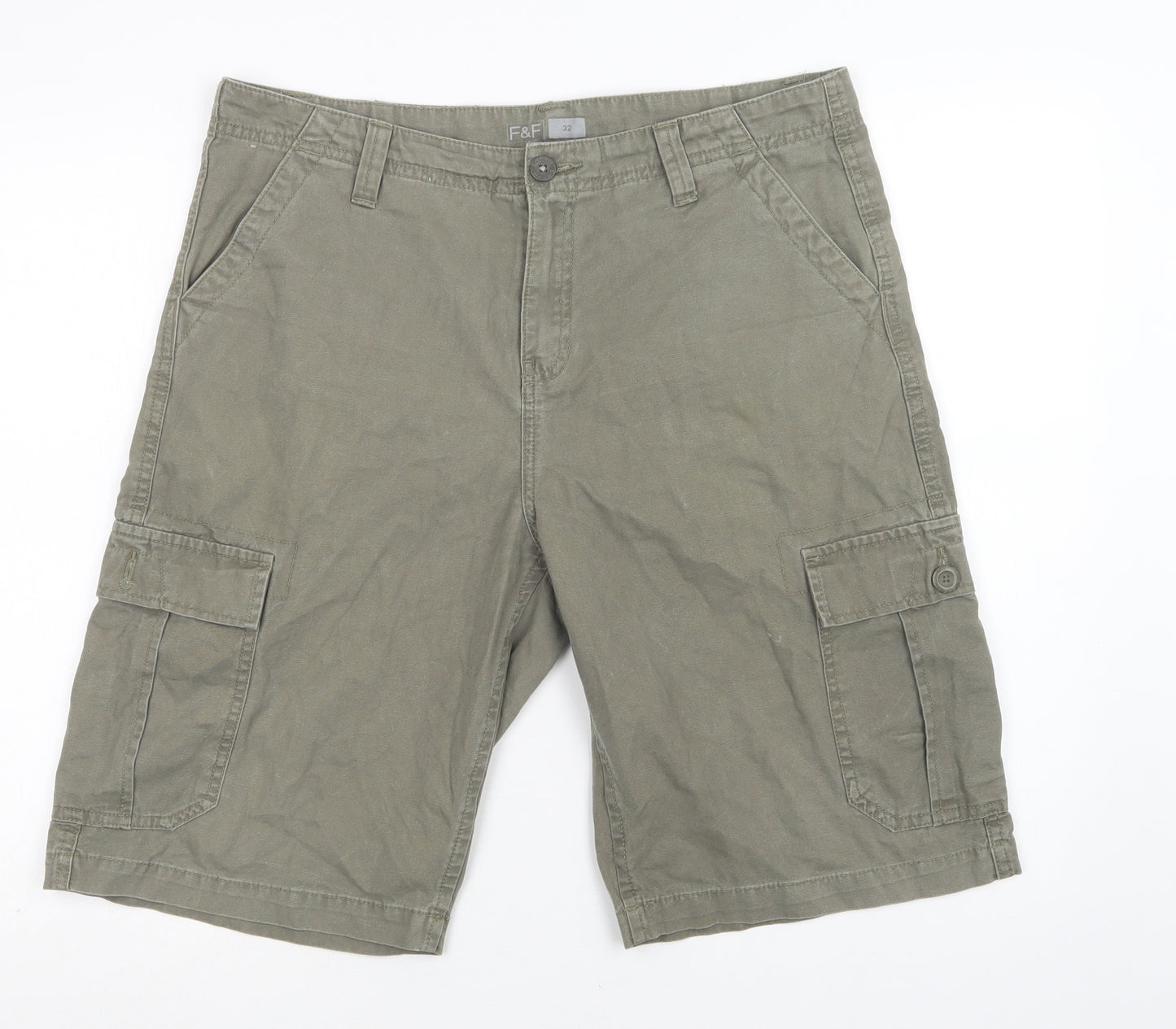 F&F Mens Green  Cotton Cargo Shorts Size 32 L12 in Regular Button