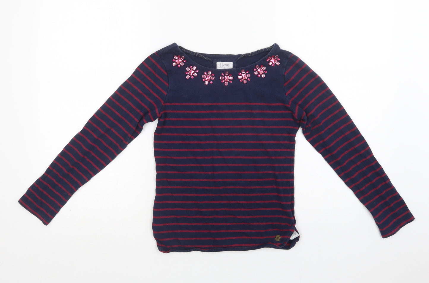 Jasper Conran Girls Blue Striped Cotton Basic Blouse Size 11-12 Years Round Neck