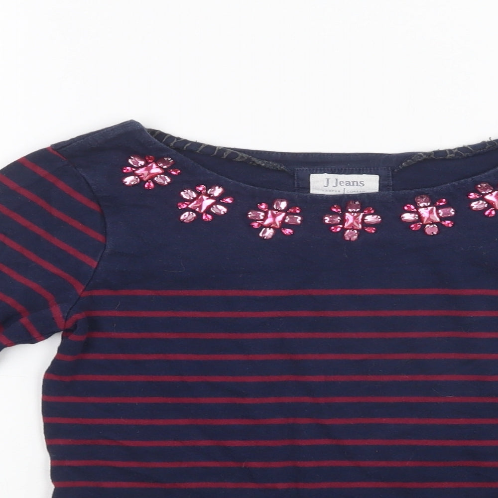 Jasper Conran Girls Blue Striped Cotton Basic Blouse Size 11-12 Years Round Neck