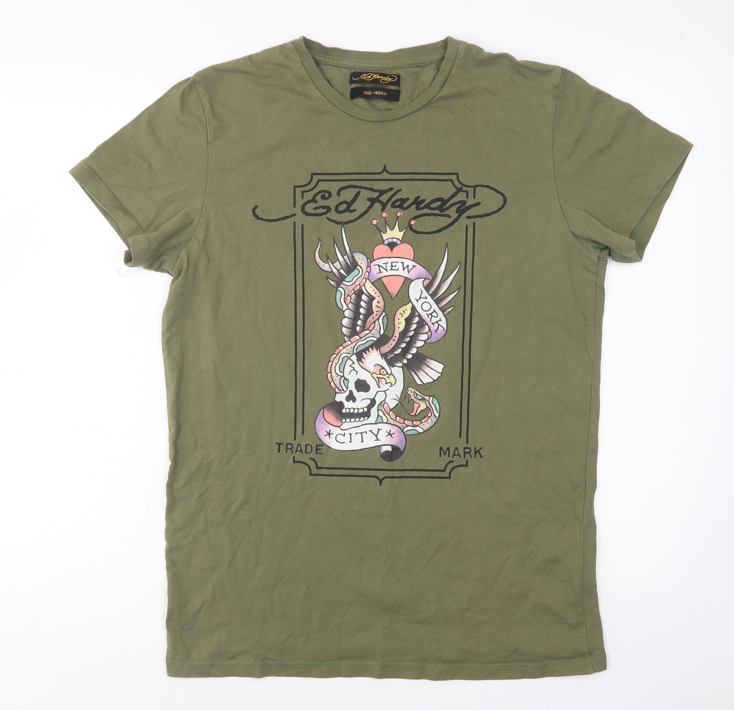 Ed Hardy Mens Green  Cotton  T-Shirt Size M Crew Neck