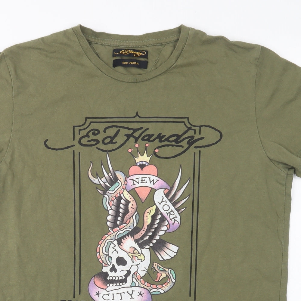 Ed Hardy Mens Green  Cotton  T-Shirt Size M Crew Neck