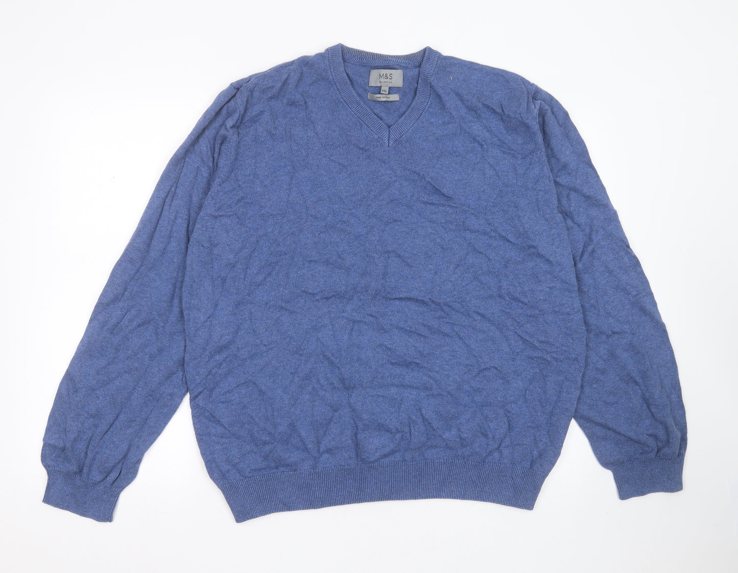 Marks and Spencer Mens Blue V-Neck  Cotton Pullover Jumper Size 2XL