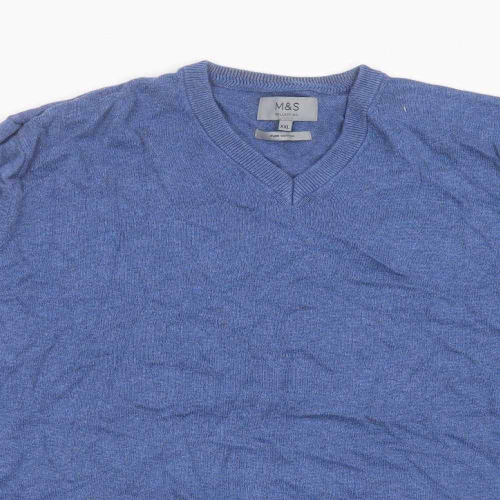 Marks and Spencer Mens Blue V-Neck  Cotton Pullover Jumper Size 2XL