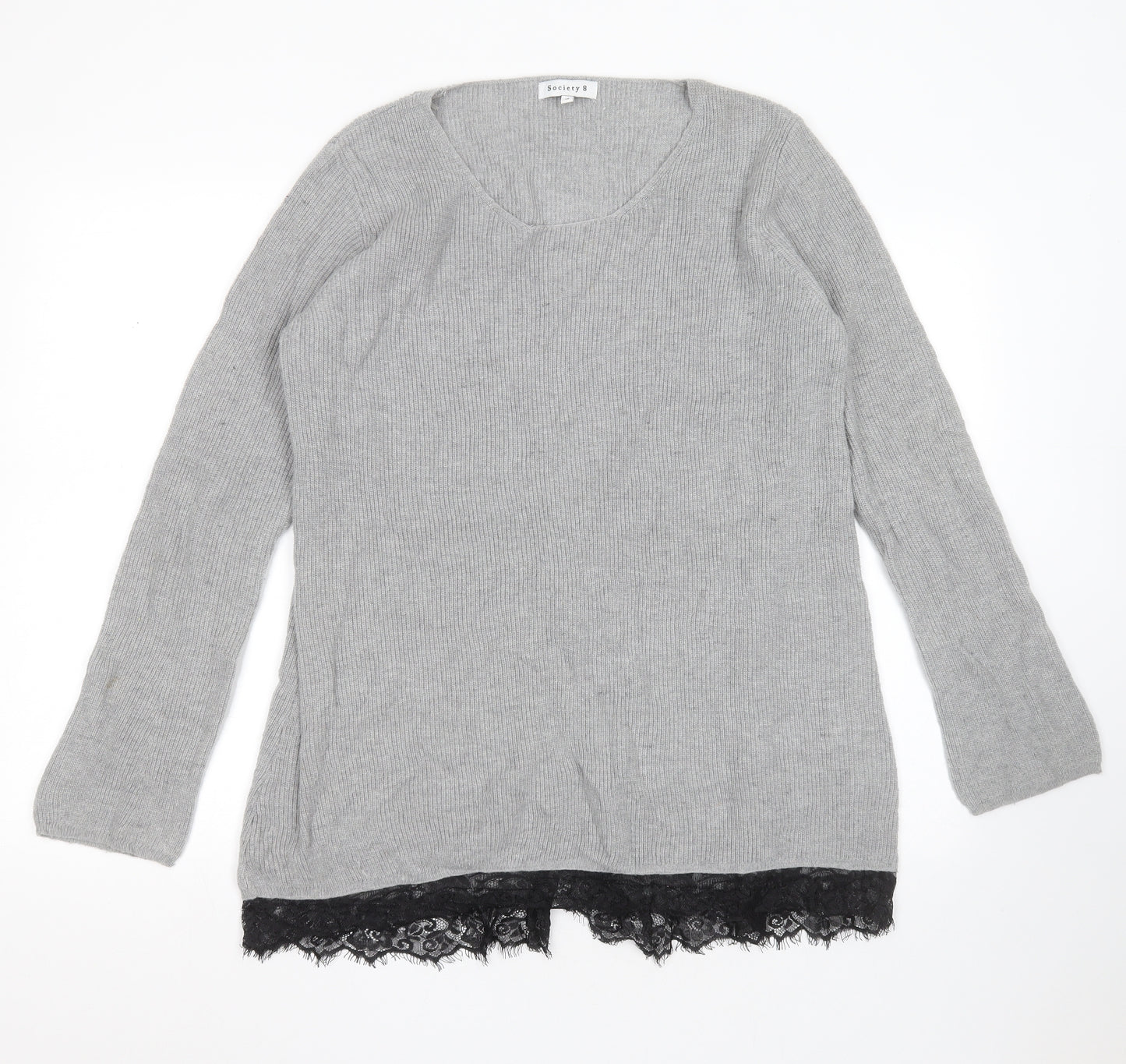 Society 8 Womens Grey Round Neck  Polyester Pullover Jumper Size 14   - lace hem
