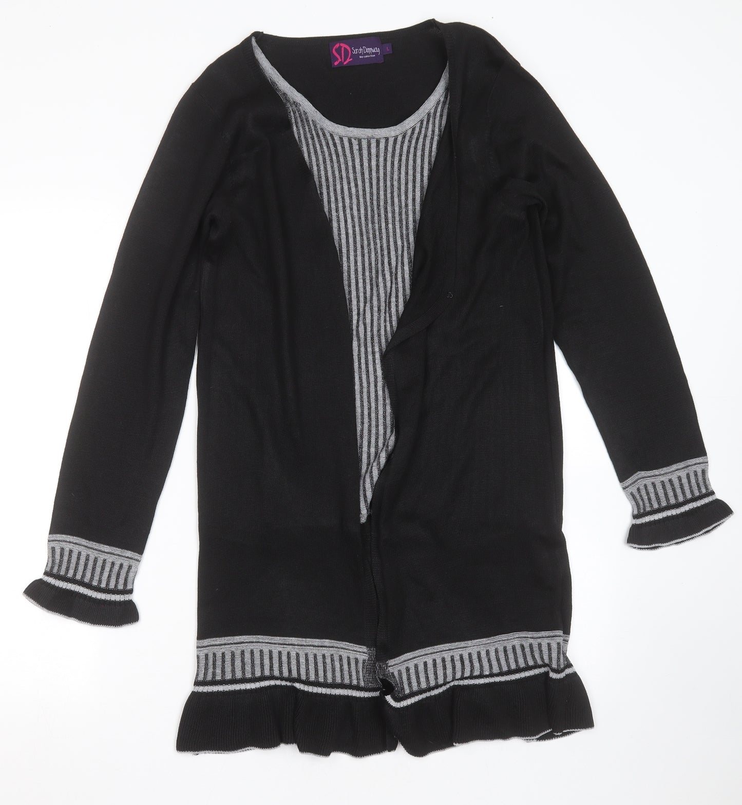 Sarah Dunnway Womens Black Round Neck Striped Polyester Cardigan Jumper Size L
