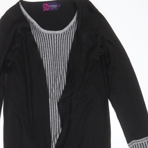 Sarah Dunnway Womens Black Round Neck Striped Polyester Cardigan Jumper Size L