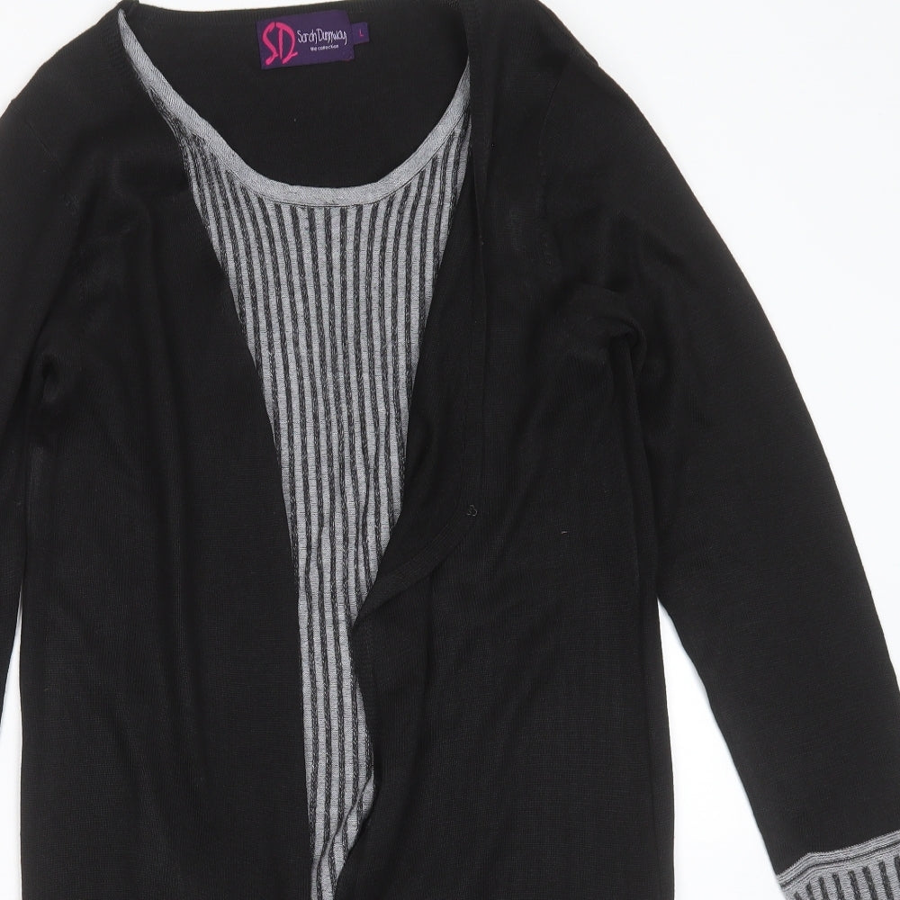 Sarah Dunnway Womens Black Round Neck Striped Polyester Cardigan Jumper Size L