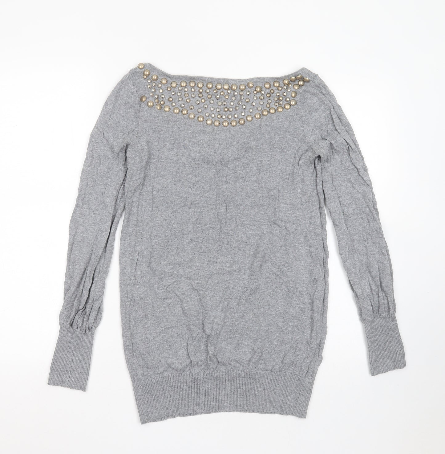 Dorothy Perkins Womens Grey Round Neck  Cotton Pullover Jumper Size 12   - beaded