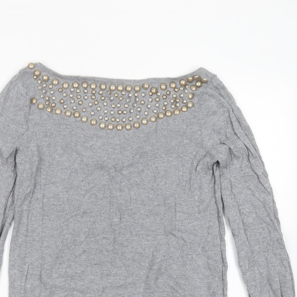 Dorothy Perkins Womens Grey Round Neck  Cotton Pullover Jumper Size 12   - beaded