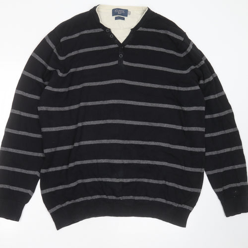 Atlantic Bay Mens Black V-Neck Striped Cotton Pullover Jumper Size XL