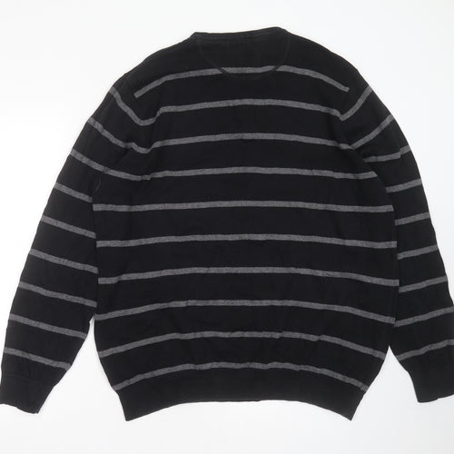 Atlantic Bay Mens Black V-Neck Striped Cotton Pullover Jumper Size XL