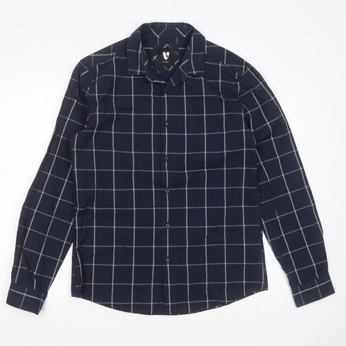 Very Mens Blue Check Cotton  Button-Up Size M Collared Button
