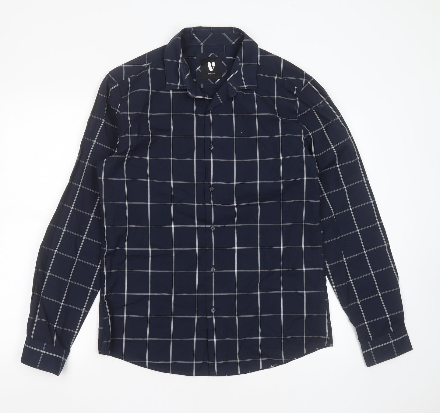 Very Mens Blue Check Cotton  Button-Up Size M Collared Button