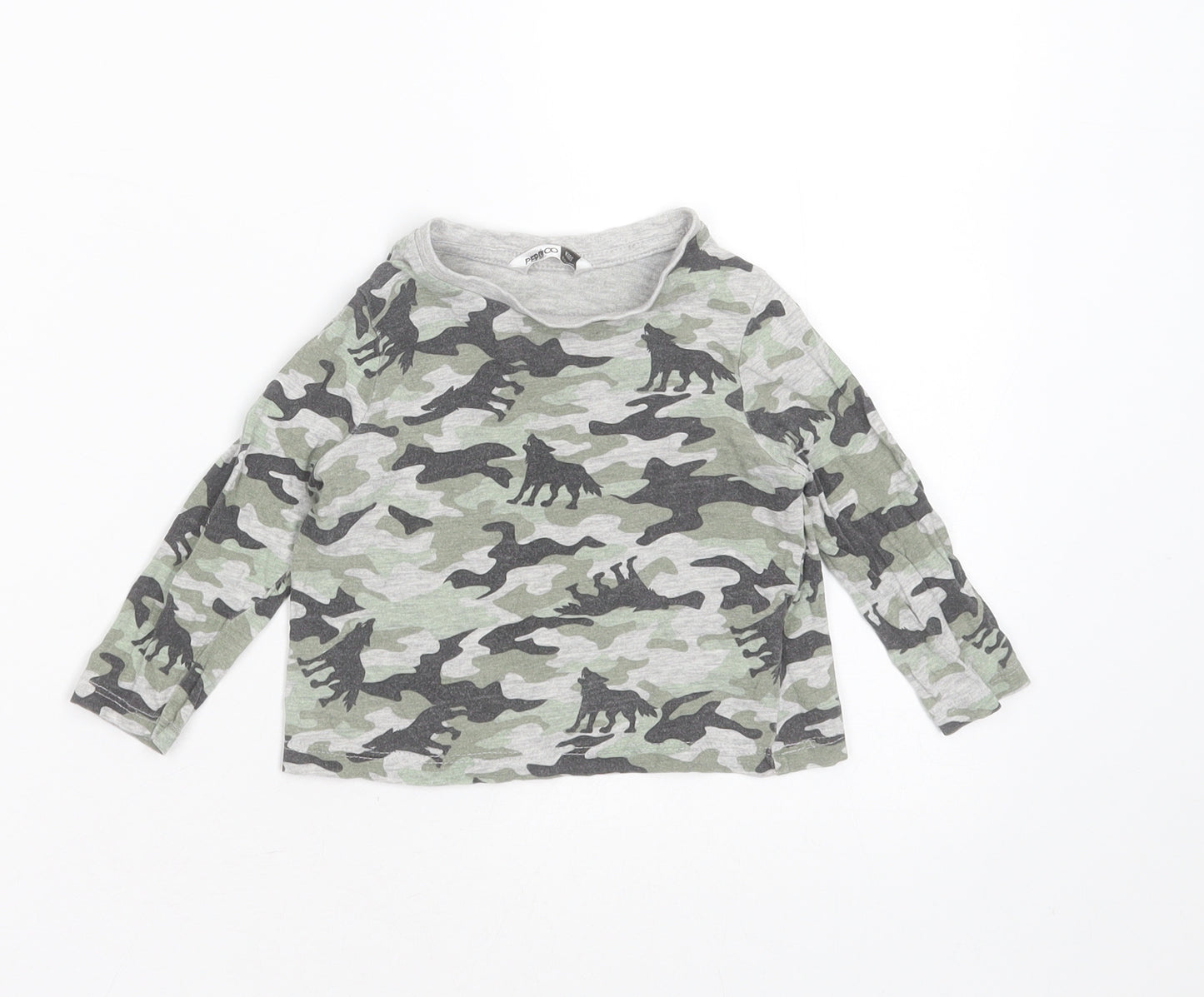Pep&CO Boys Grey Camouflage Cotton Basic T-Shirt Size 9-12 Months Round Neck  - wolves