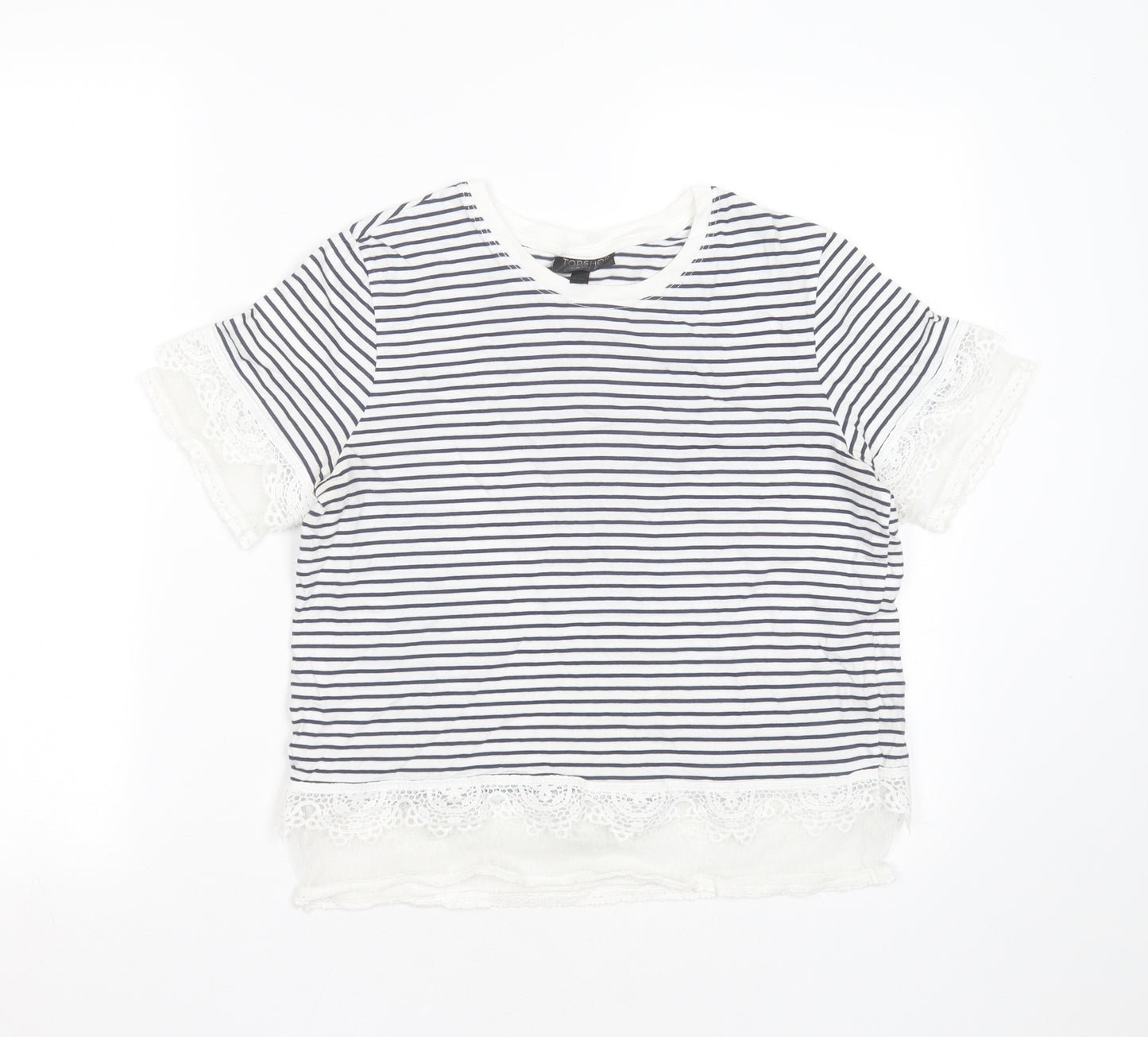Topshop Womens White Striped Cotton Basic T-Shirt Size 8 Round Neck - crochet hem