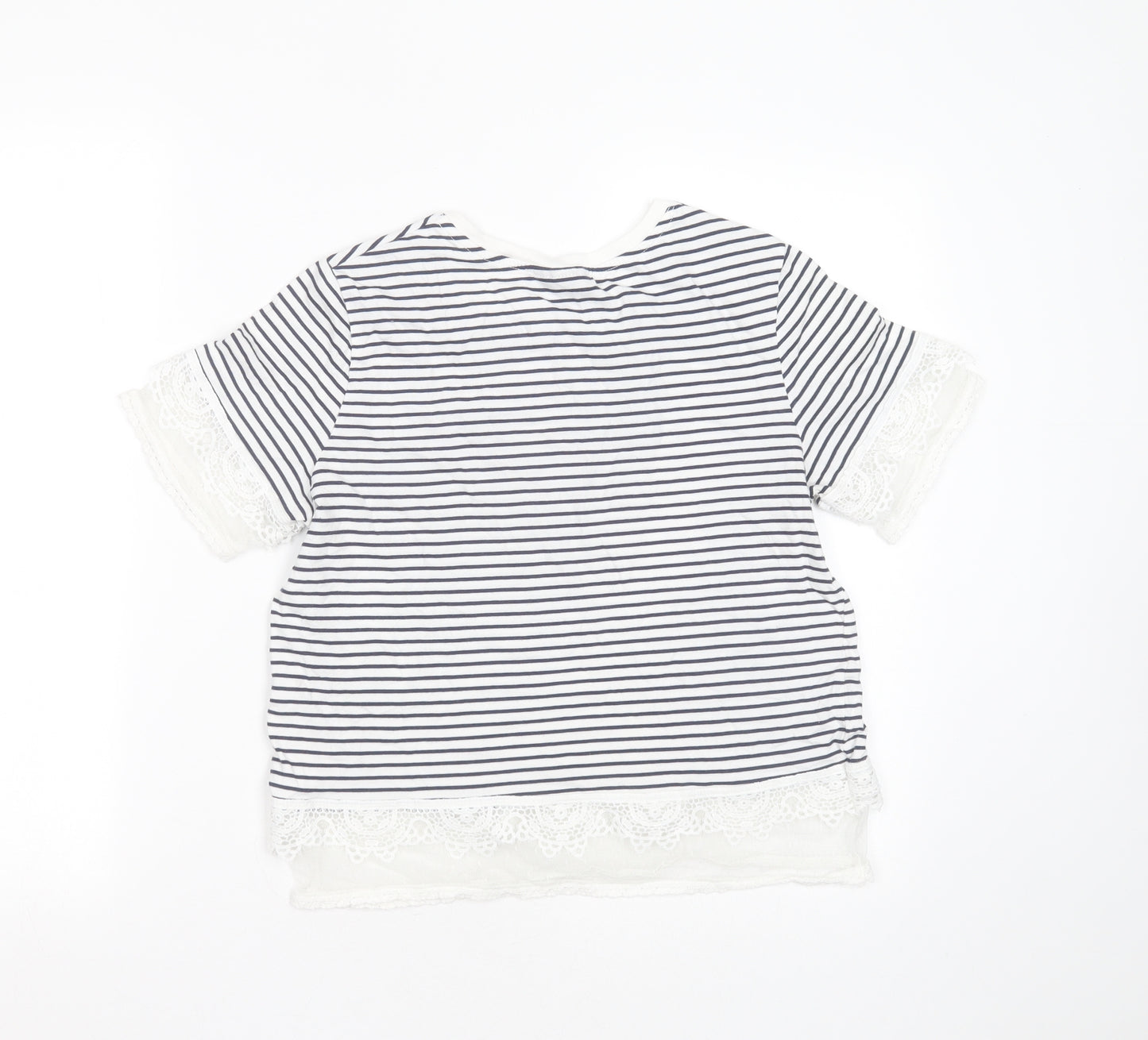Topshop Womens White Striped Cotton Basic T-Shirt Size 8 Round Neck - crochet hem
