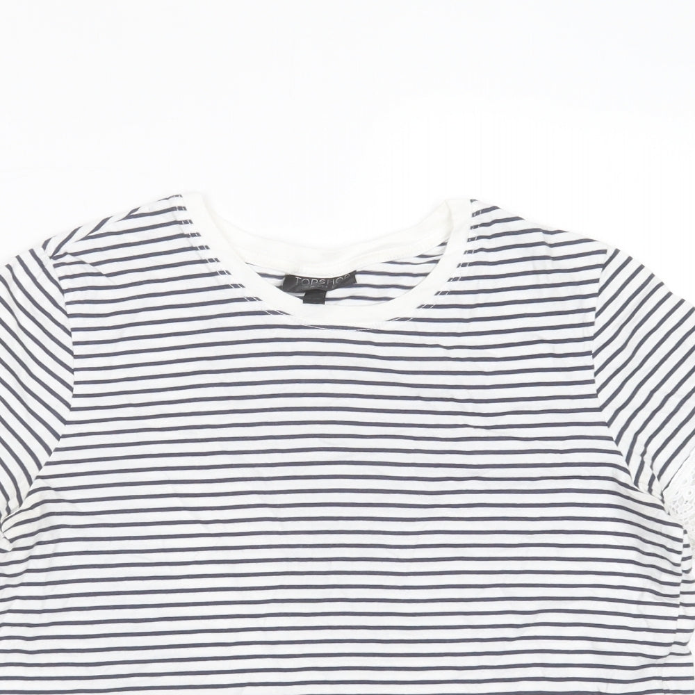 Topshop Womens White Striped Cotton Basic T-Shirt Size 8 Round Neck - crochet hem