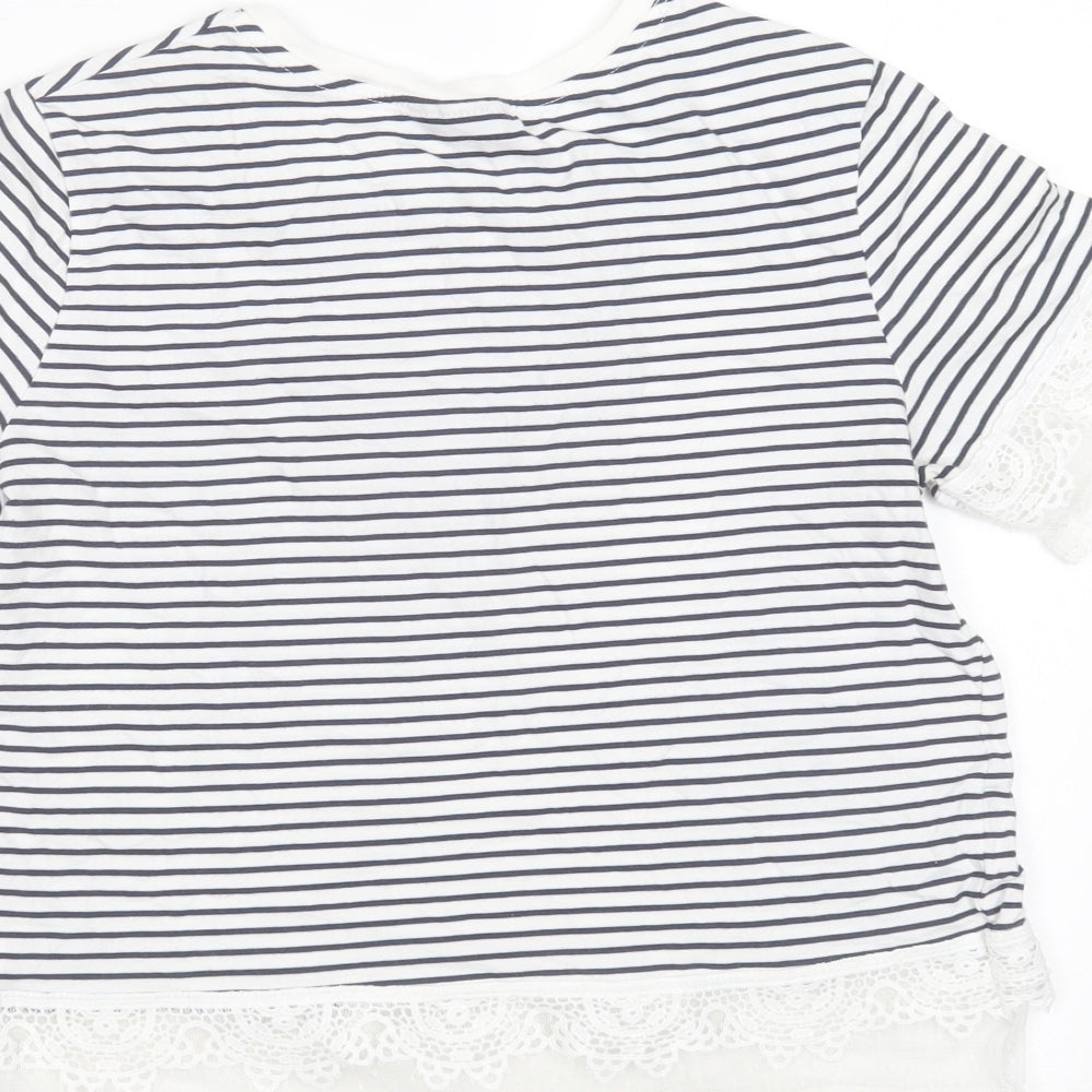 Topshop Womens White Striped Cotton Basic T-Shirt Size 8 Round Neck - crochet hem