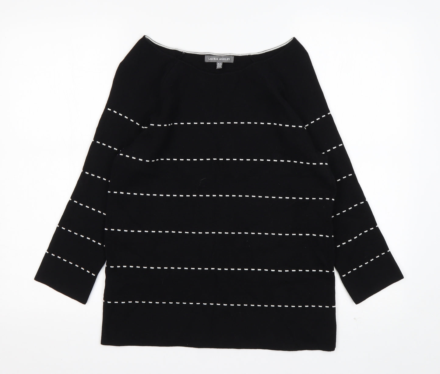 Laura Ashley Womens Black Round Neck Striped Cotton Pullover Jumper Size 12