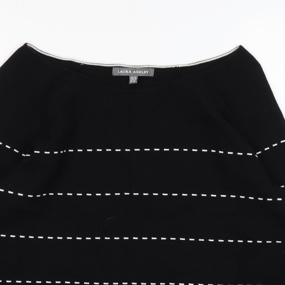 Laura Ashley Womens Black Round Neck Striped Cotton Pullover Jumper Size 12