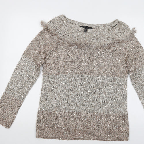 White House Black Market Womens Beige Boat Neck  Polyester Pullover Jumper Size M