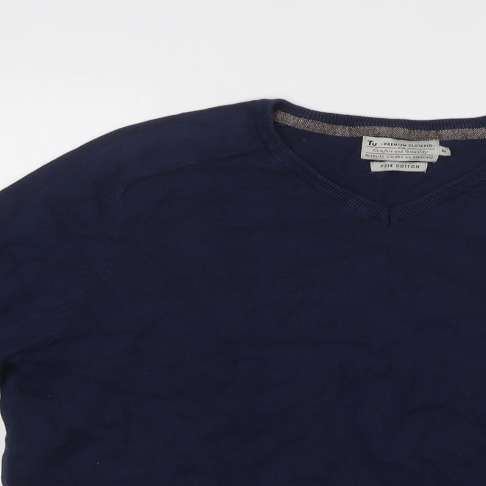 TU Mens Blue V-Neck  Cotton Pullover Jumper Size M