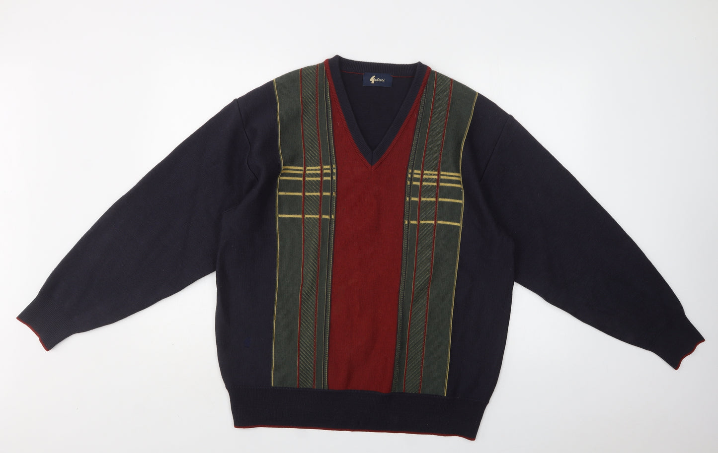 Gallici Mens Blue V-Neck Geometric Wool Pullover Jumper Size L