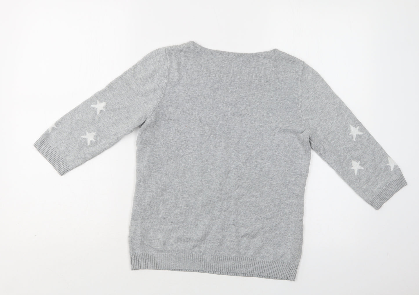 BHS Womens Grey Crew Neck Geometric Cotton Pullover Jumper Size 10   - Star Print