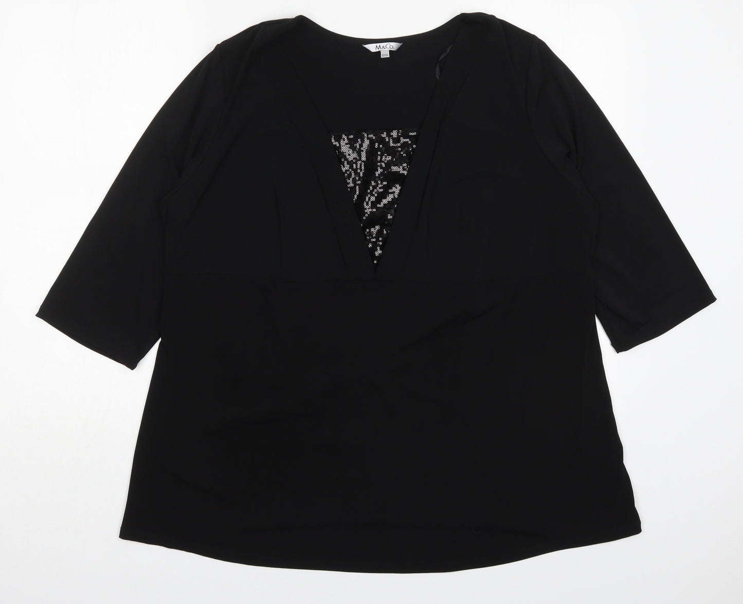 M&Co Womens Black  Polyester Basic T-Shirt Size 22 V-Neck