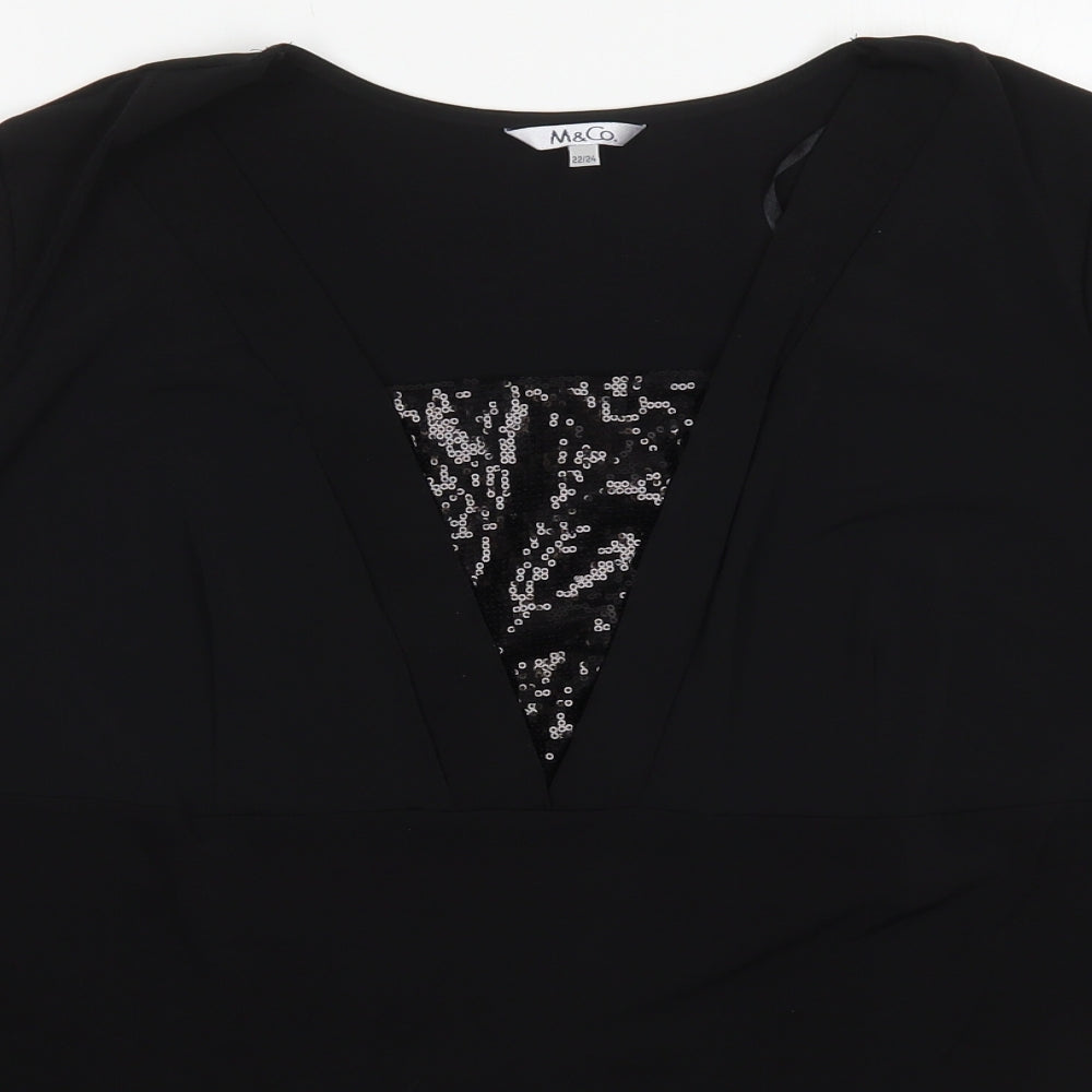 M&Co Womens Black  Polyester Basic T-Shirt Size 22 V-Neck
