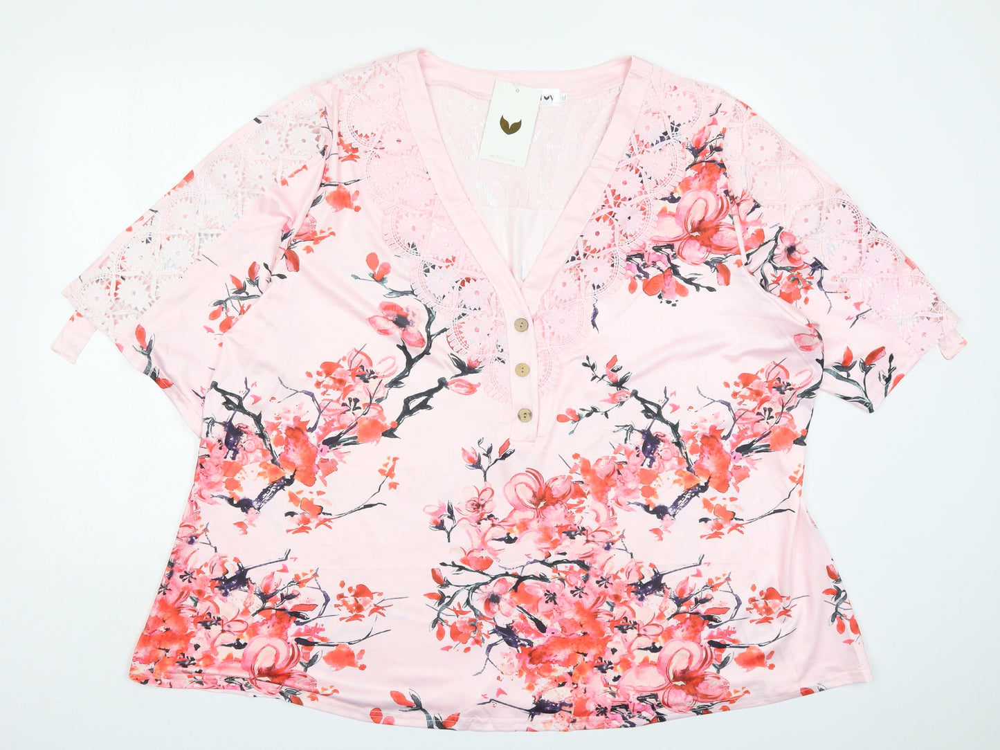 Flycurvy Womens Pink Floral Polyester Basic T-Shirt Size 4XL V-Neck